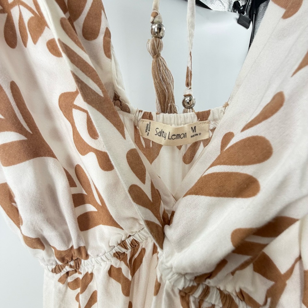 Salty Lemon Boho Tiered Midi‎ Dress V-Neck Tassel Tie Back M Flowy Tan Cream - Picture 2 of 6